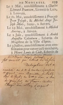  p i Brabant i p p Liste des Titres p p de Noblesse Chevalerie p p et autres marques d honneur p p i accordees par les Souverains des Pais Bas i p p i depuis l annee 1659 jusqu a la fin de 1782 i p p precedees p p d une Table alphabetique p p des Noms de ceux qui ont obtenu p p Avec une liste p p Des villes Bourgs Villages c  p p du b Duche b de b Brabant b p p Et des seigneurs qui les possedent actuellement p p Et un recueil chronologique de tous les placards edits et ordonnances  p p i qui se trouvent dans la Collection complette des Placards de Brabant de Flandres ainsi que dans le Livre intitule  i Jurisprudentia Heroica de Christyn i comme aussi de ceux emanes depuis 1678 jusqu a present concernant les Titres Marques d Honneur ou de Noblesse port d Armes Armoiries autres Distinctions i p 